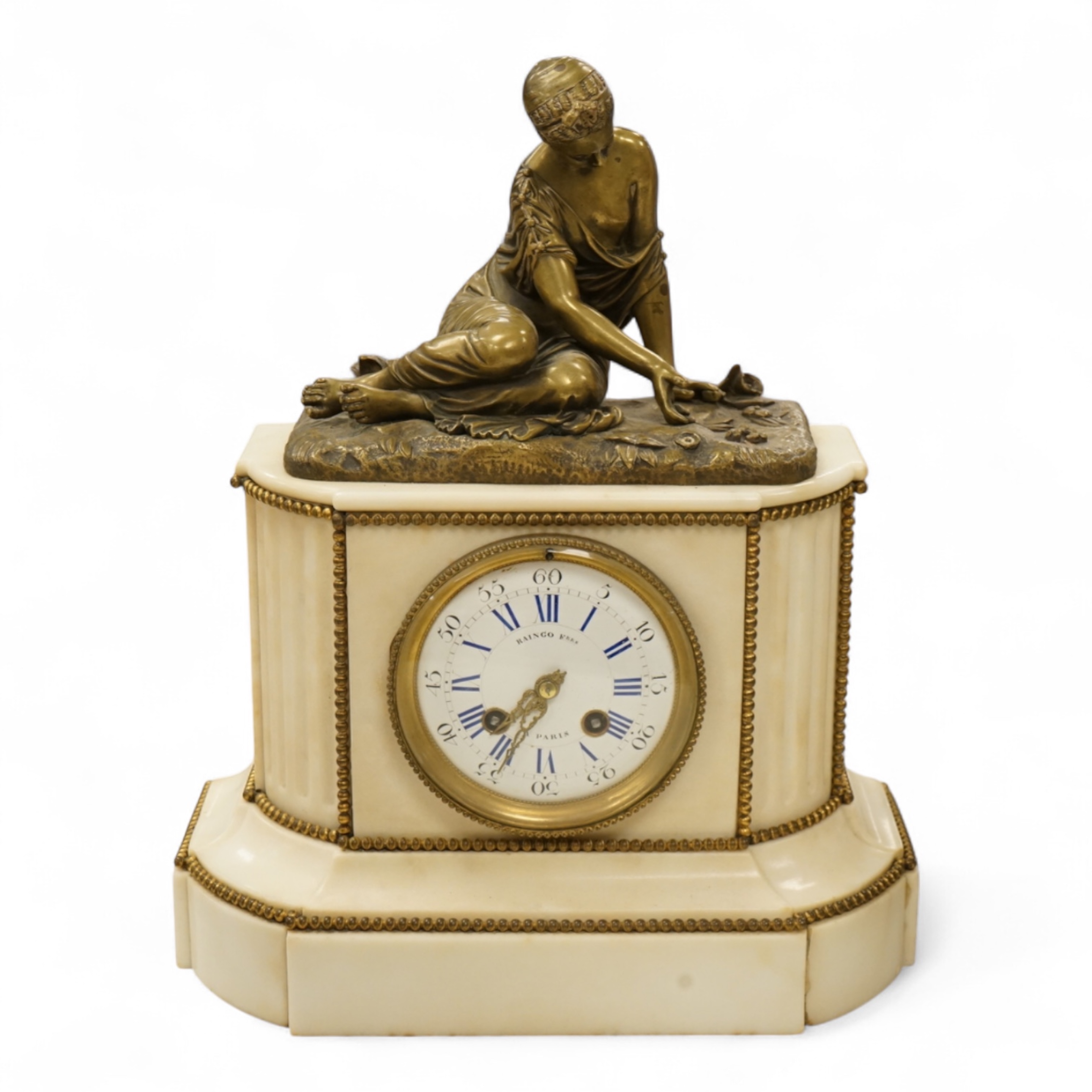 A late 19th century French bronze figural mounted marble mantel clock, 34cm